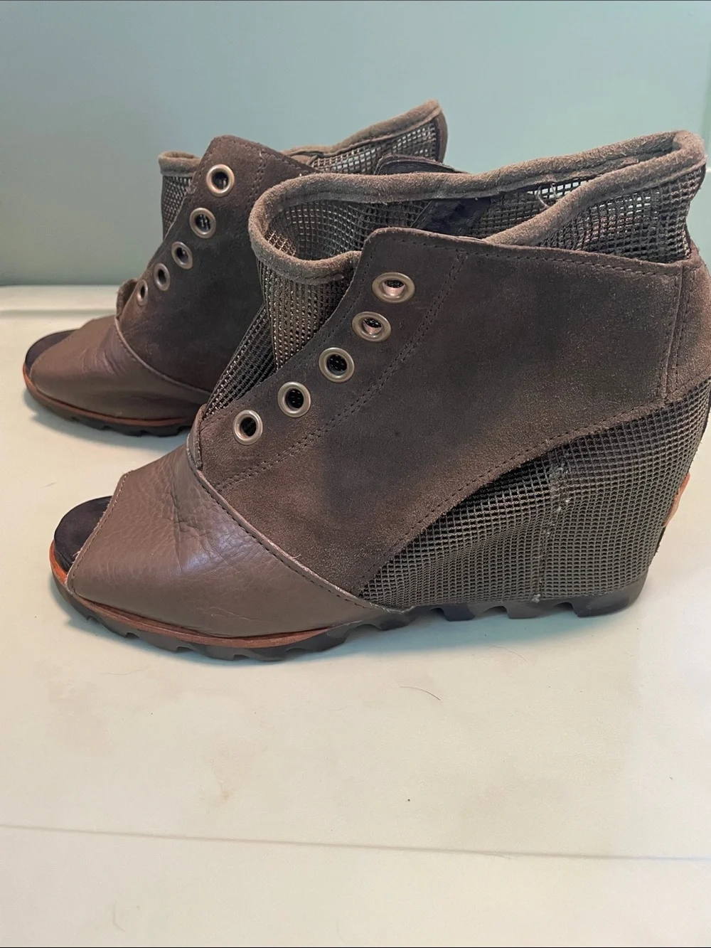 Sorel Wedge Peep-Toe Mesh Ankle Boots - Olive Green